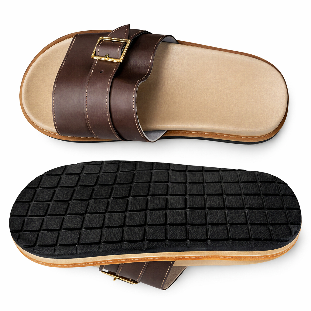 Brown Adjustable Double Strap Buckle Slide Sandal
